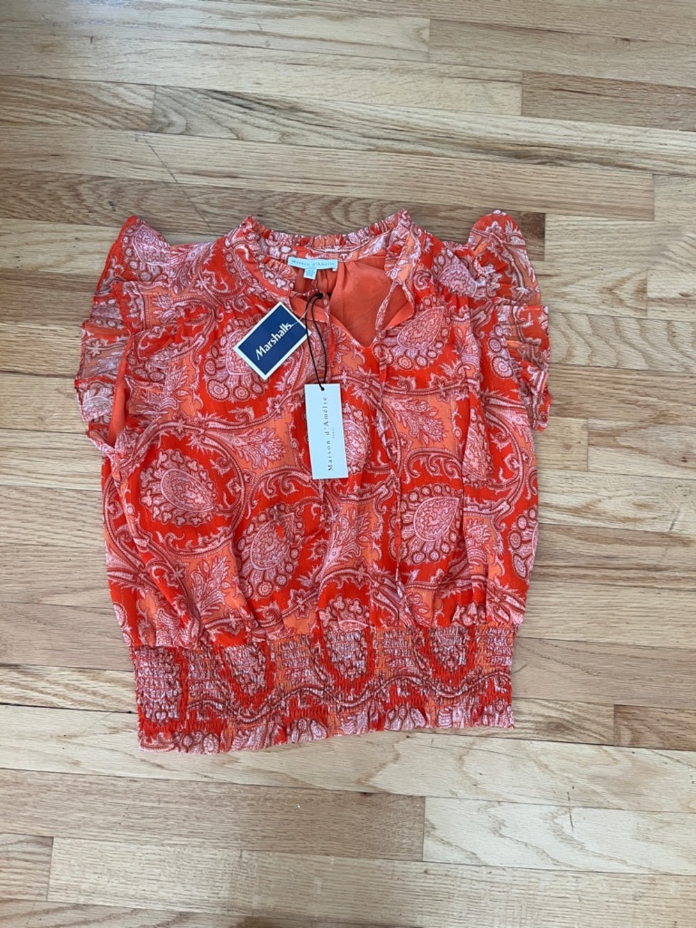 Laundry by Shelli Segal Bright Orange Paisley Short Sleeve Blouse